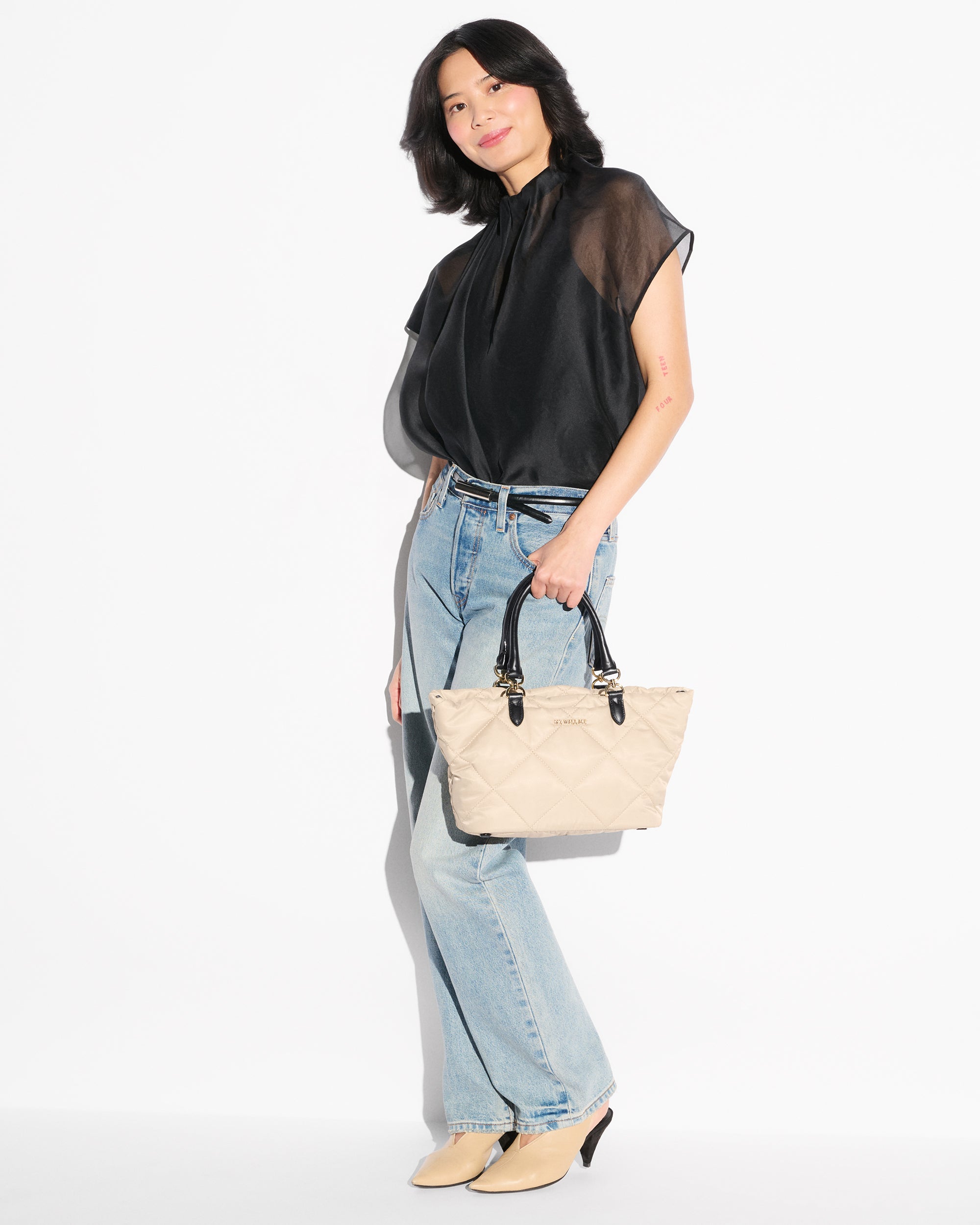 Buff/Black Small Madison E/W Tote - Image 5